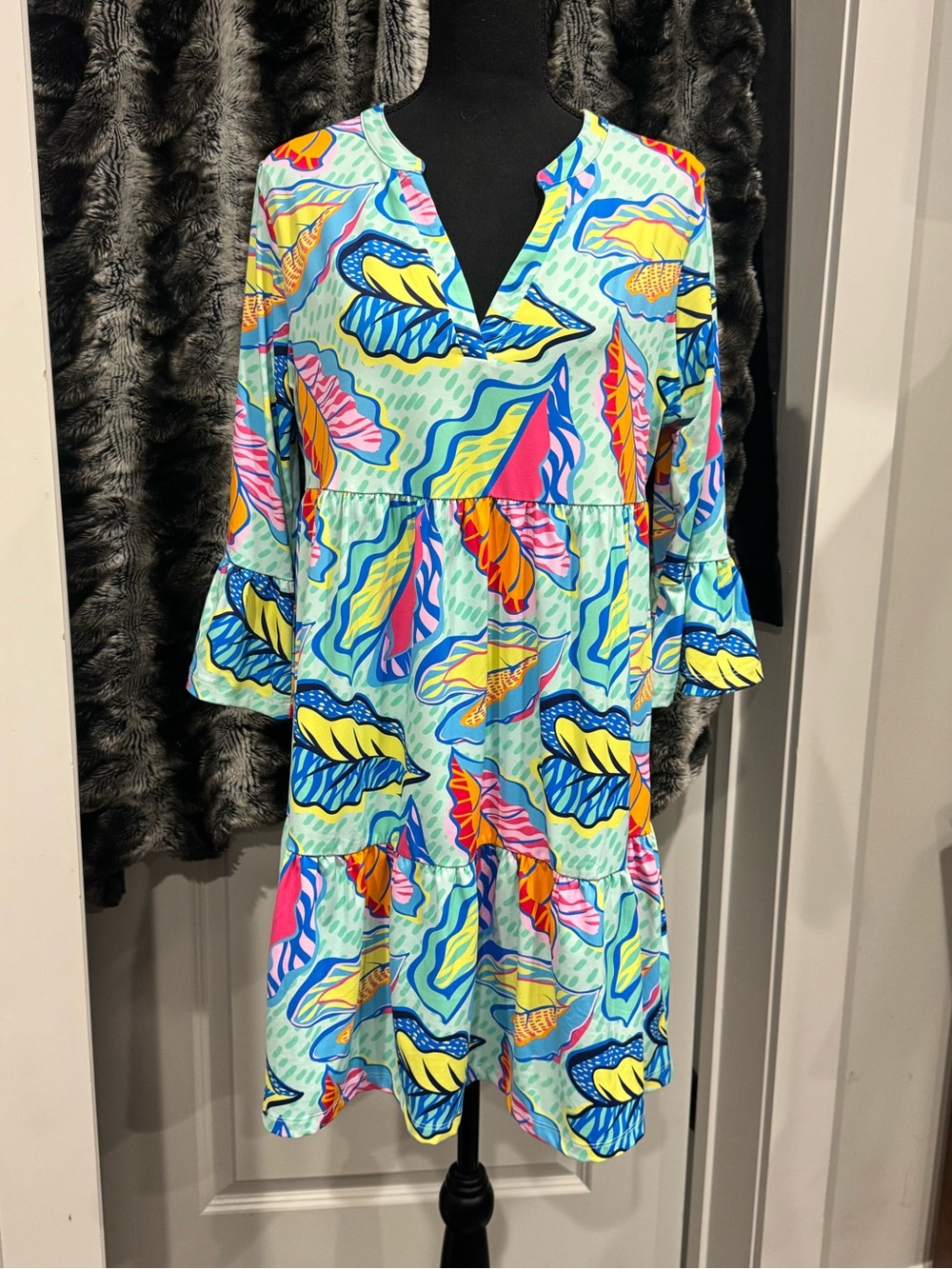 Vibrant Multicolor Flutter Sleeve Tunic Dress
